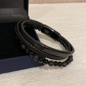 NEW Black Onyx and bead Stainless Steel Triple Wrap Men’s Bracelet 8.5”